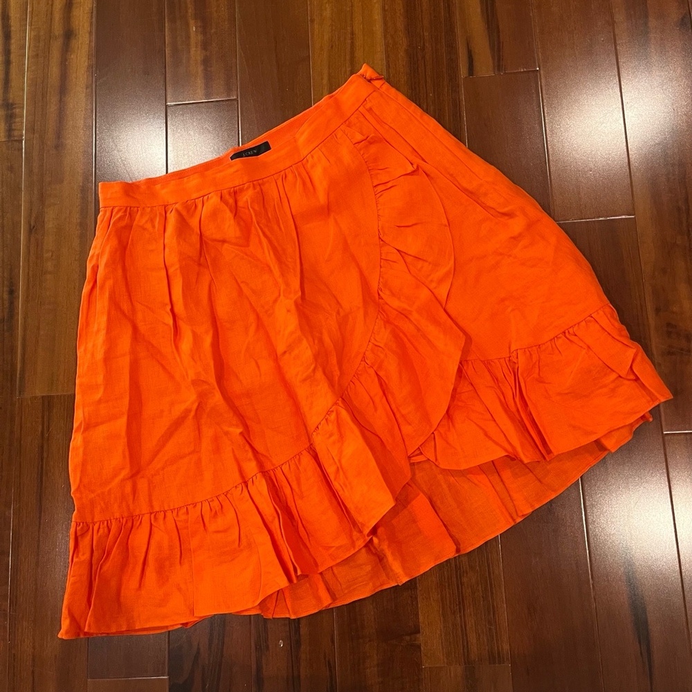J.Crew Linen Orange Skirt Ruffled Hem Wrap Style Mini Knee Length Lined Size 4